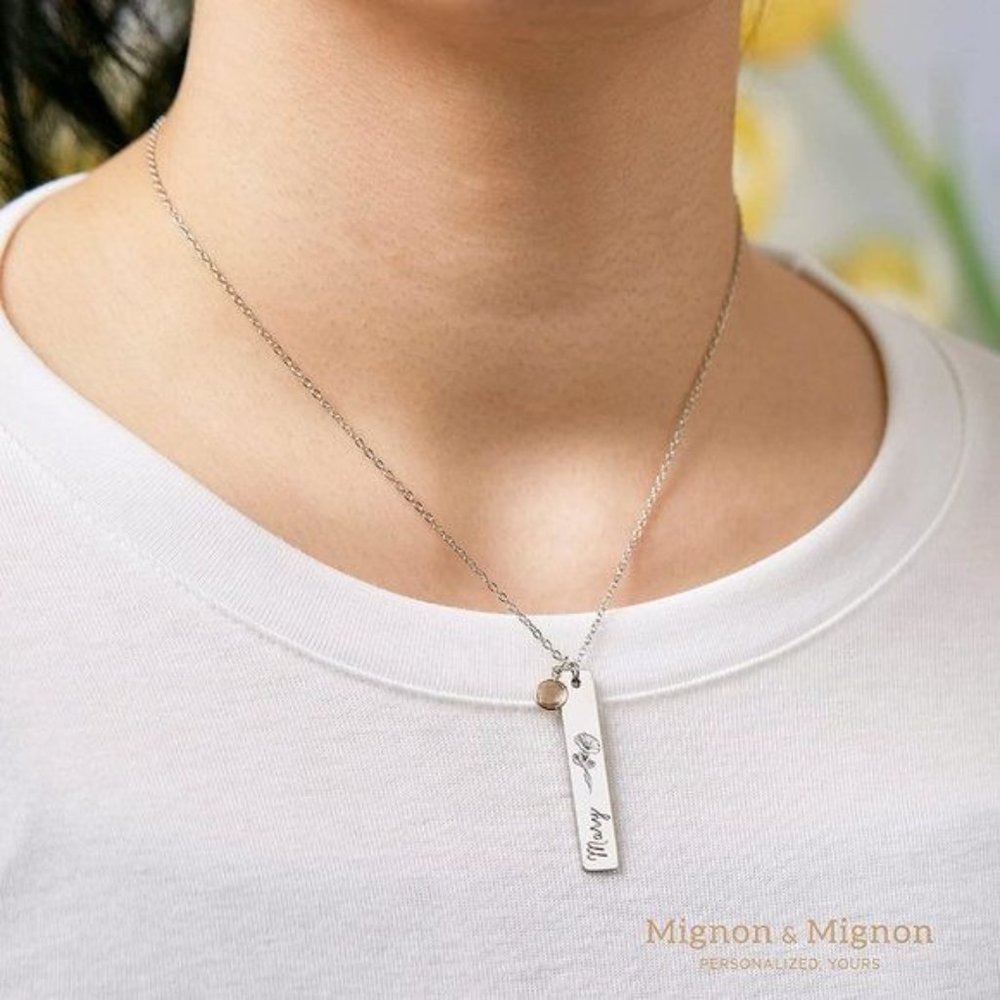 Silver Custom Birthstone Necklace Birth Flower Name Personalized Gift fo… - Picture 6 of 13